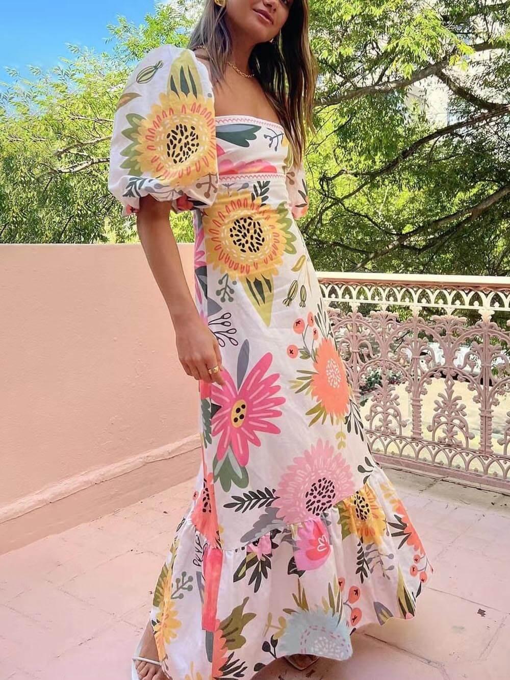 Ivy | Abito Maxi a Stampa Floreale con Collo Quadrato per le Vacanze