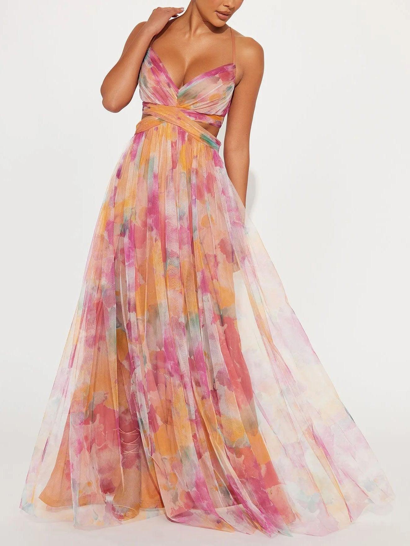 Karen | Abito Maxi a V con Stampa Floreale