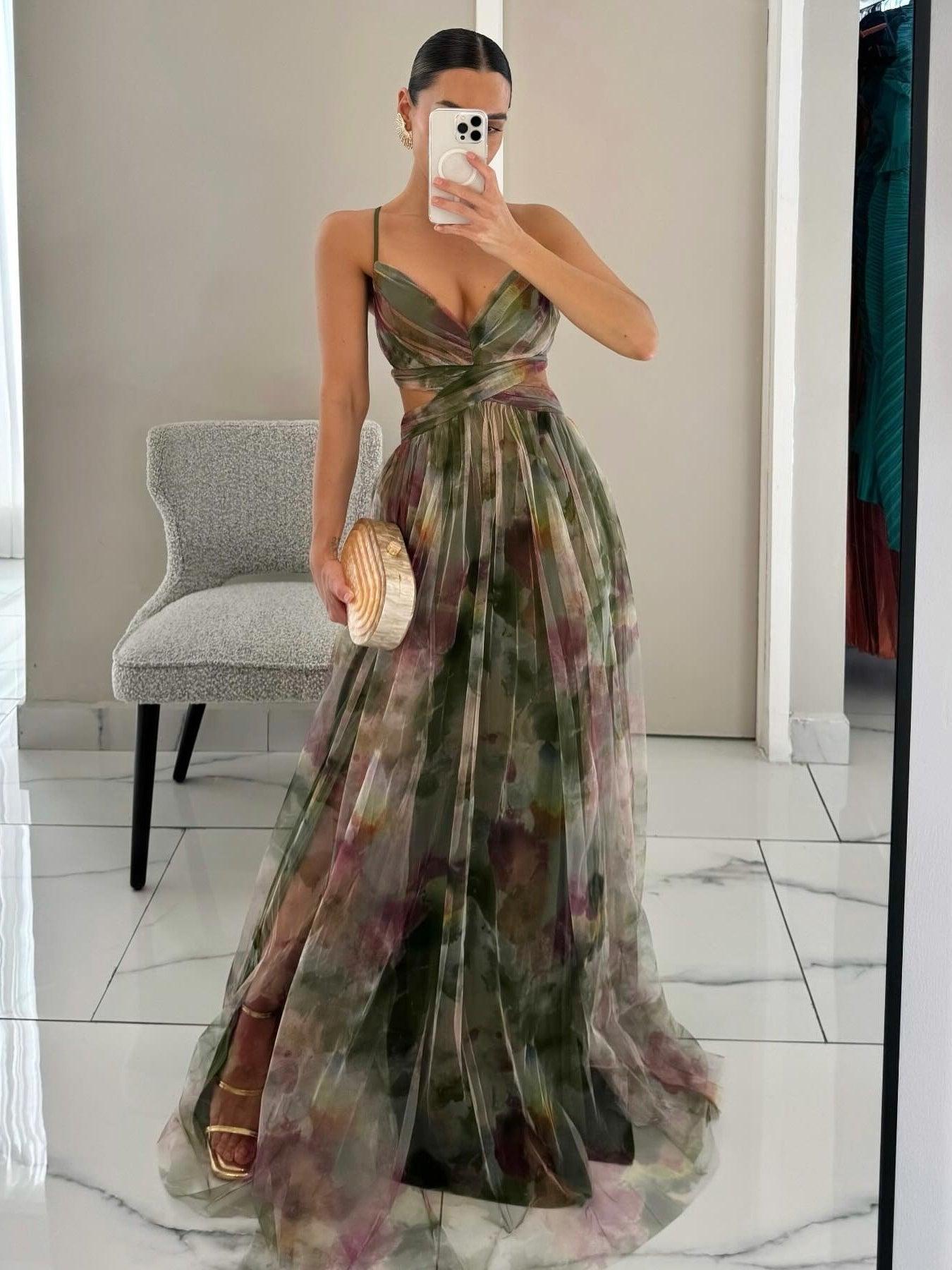 Karen | Abito Maxi a V con Stampa Floreale