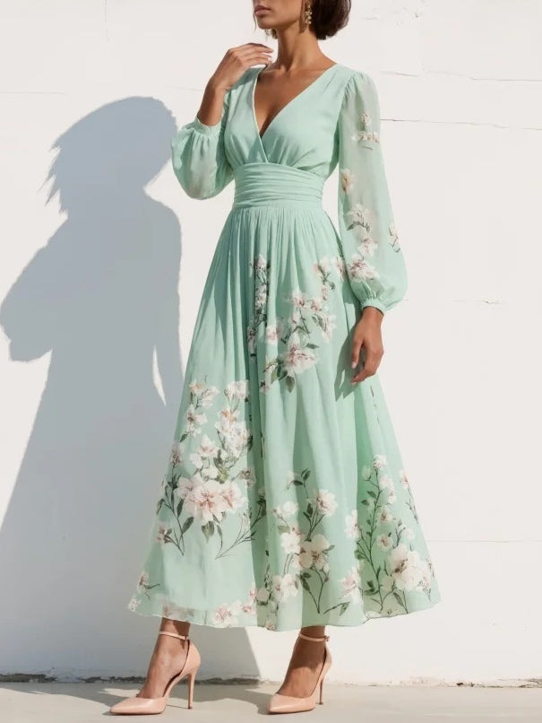 Abito Midi Plissettato Floreale in Chiffon Verde Chiaro con Scollatura a V