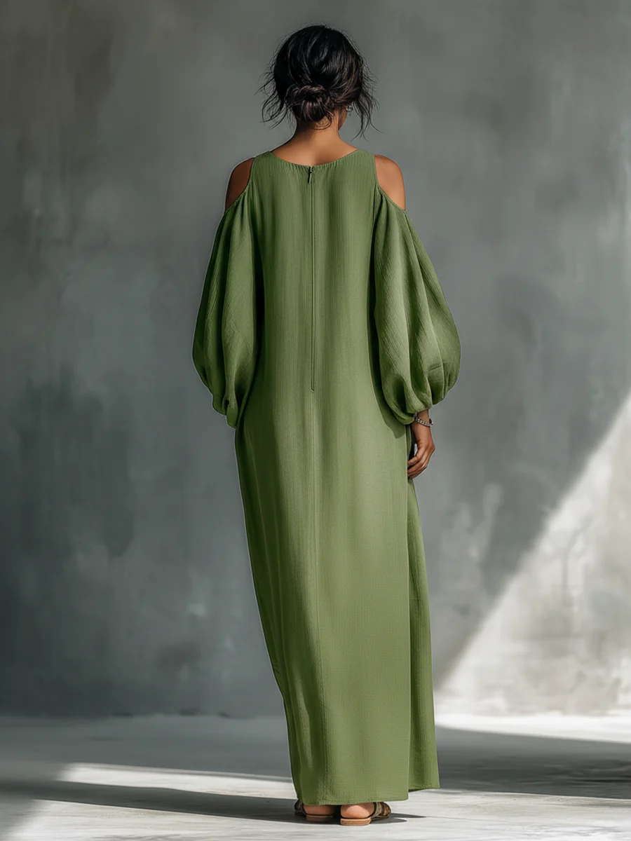 Anika | Abito Maxi Verde con Spalle Scoperte e Maniche a Palloncino